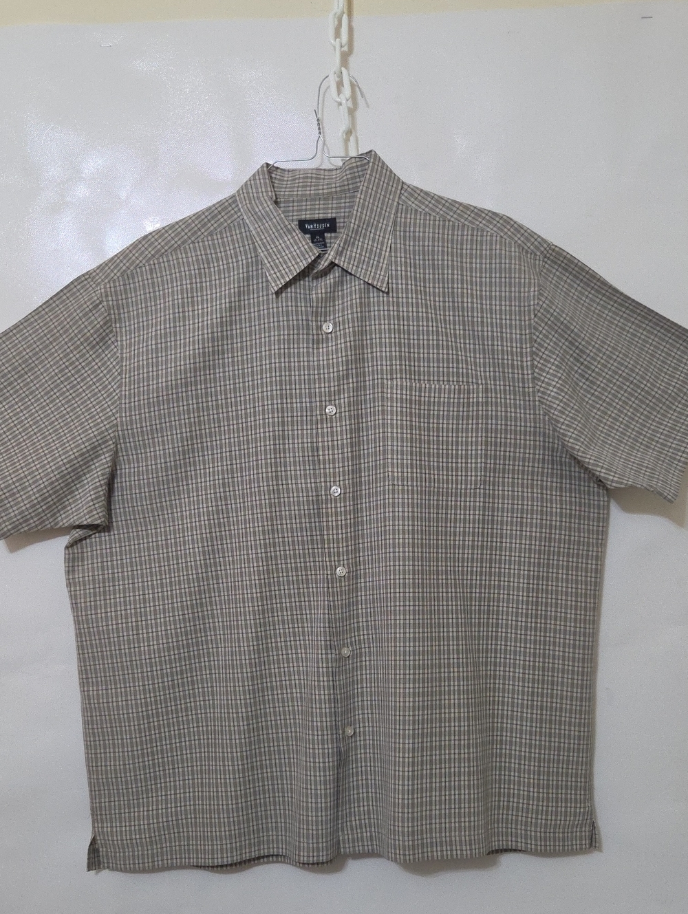 Van Heusen Men's Green Checkered Short-Sleeve Plaid Button-Down Shirt - Size XL
